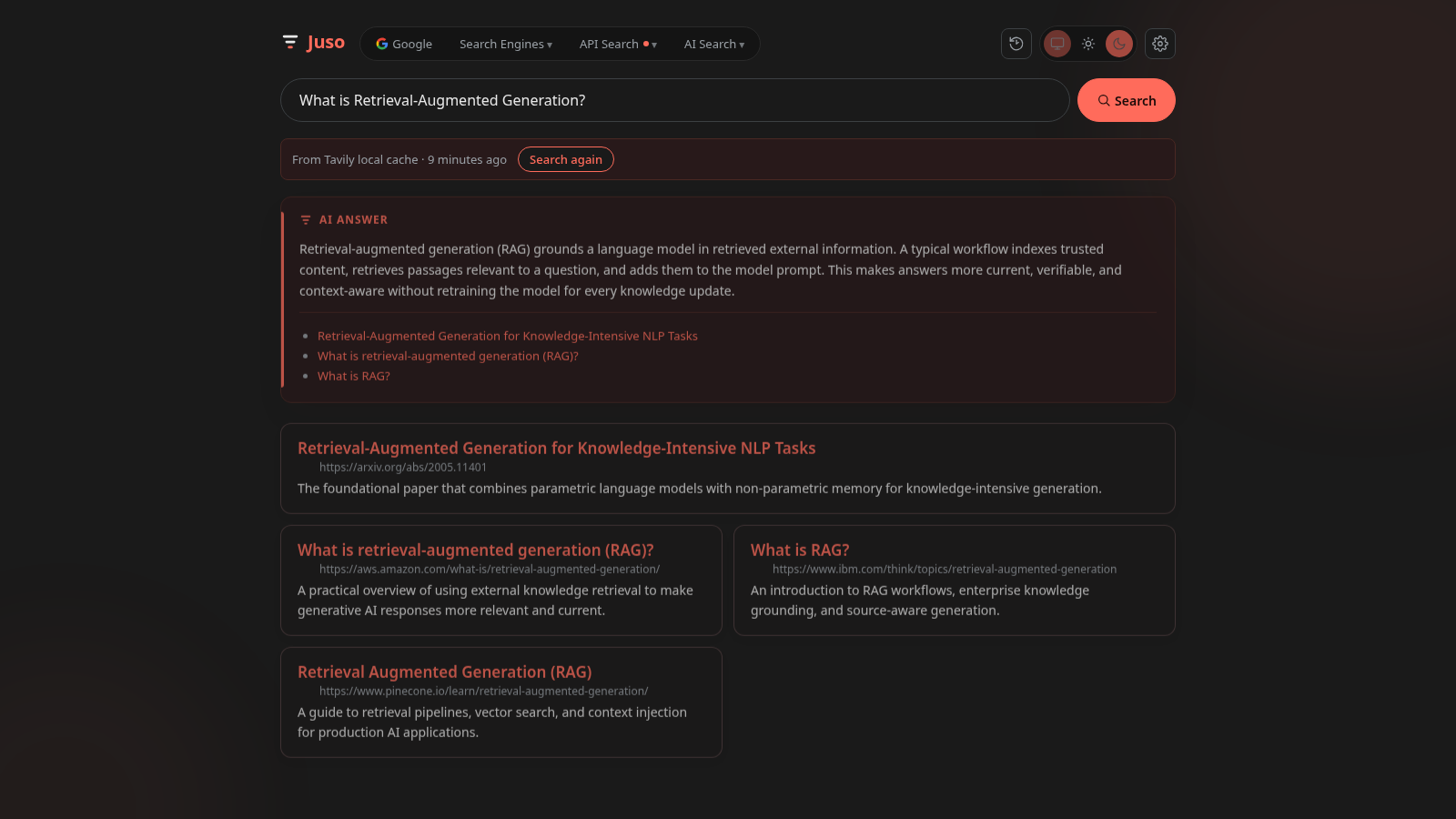 AI search: synthesized answer and results side by side