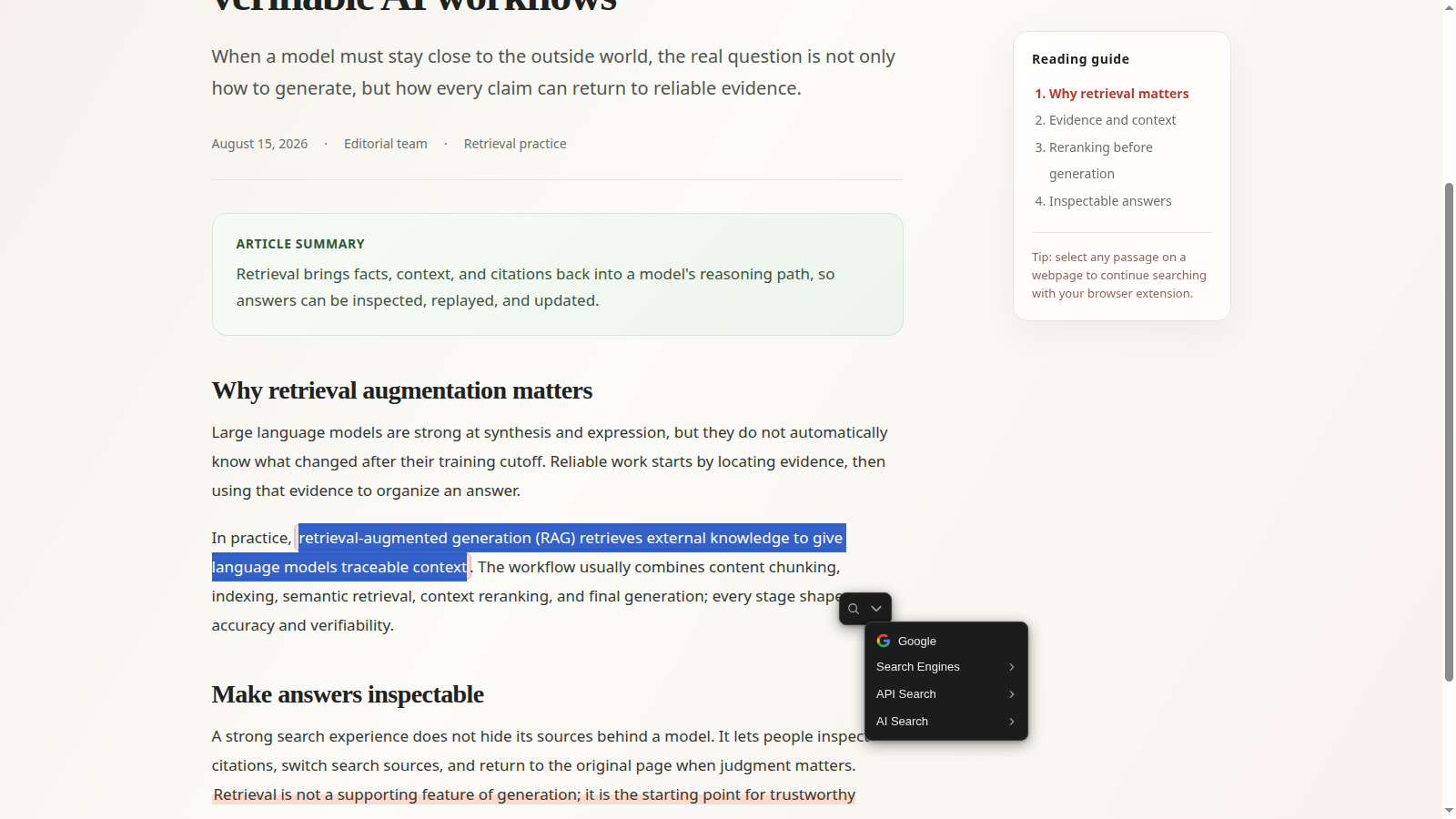 Selection search: open source groups beside selected webpage text